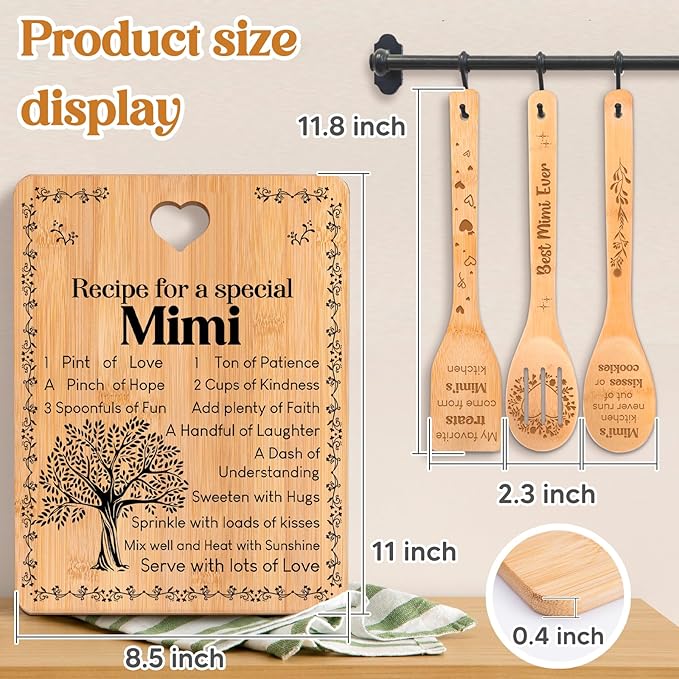 Mimi Gifts - "Recipe for a Special Mimi" Gift for Mimi Cutting Board Set, Bamboo-Made Engraved Utensil Set Best Mimi Ever Presents Cutting Board, Mimi Present for Grandma.