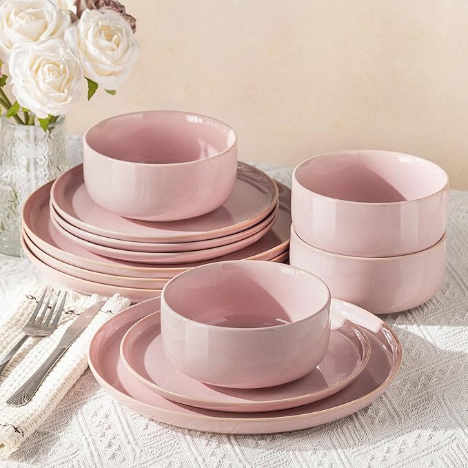 TheTerra Ceramic Dinnerware Sets for 4, 12 Pieces Handmade Reactive Glaze Plates and Bowls Set, Scratch Resistant Dish Set, Oven & Microwave & Dishwasher Safe, Sakura Pink