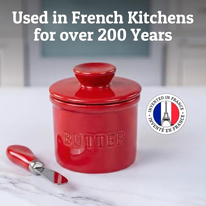 PriorityChef Butter Crock with Lid with Water Line, Ceramic French Butter Dish to Leave On Counter, Red