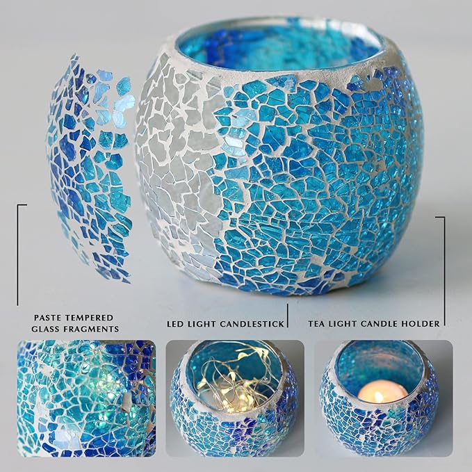 Romantic Mosaic Cracked Candle Holders(NO Candles) Wedding Dinner by Candlelight,Handmade Tea Light Holders Candlescape Bowl for Valentine's,Christmas Table Centerpiece,Party Decor 1 PC(Blue)