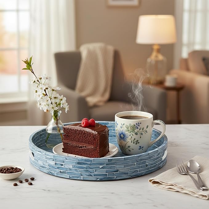 PEMAR 12.6” Mother of Pearls Lacquer Inlaid Round Serving Tray with Handles, Round Decorative Nacred Wooden Ottoman Coffee Table Tray (Blue Tiles)