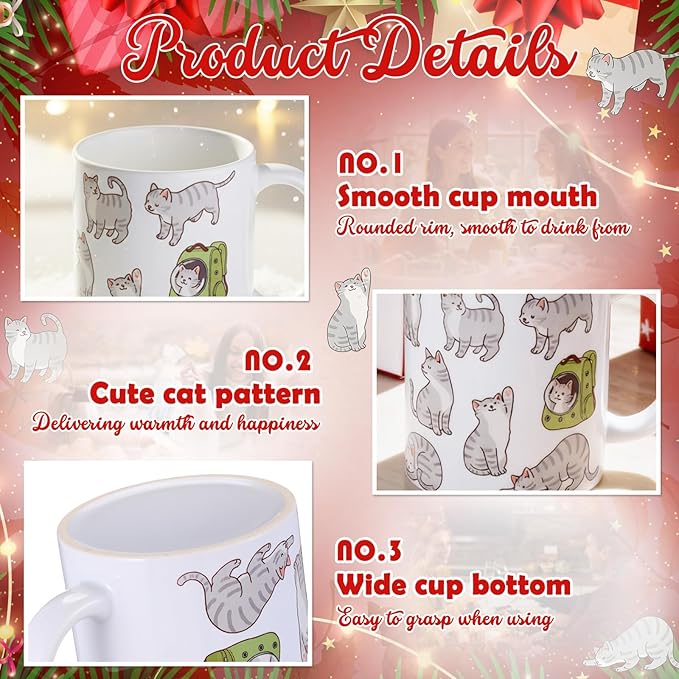 Sliner 2 Set Gray Tabby Cat Coffee Mugs Gifts 11 oz Cat Mom Ceramic Coffee Cups Tea Cup Funny Holiday Birthday Gifts for Men Women Cats Lovers