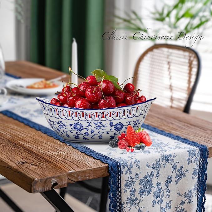 12" Extra Large Blue and White Porcelain Fruit Bowl for Kitchen Counter or Home Decor, Fruit & Vegetable Holder, Large Ceramic Fruit Bowl for Home Decorative Centerpiece