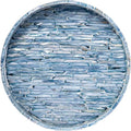 PEMAR 12.6” Mother of Pearls Lacquer Inlaid Round Serving Tray with Handles, Round Decorative Nacred Wooden Ottoman Coffee Table Tray (Blue Tiles)