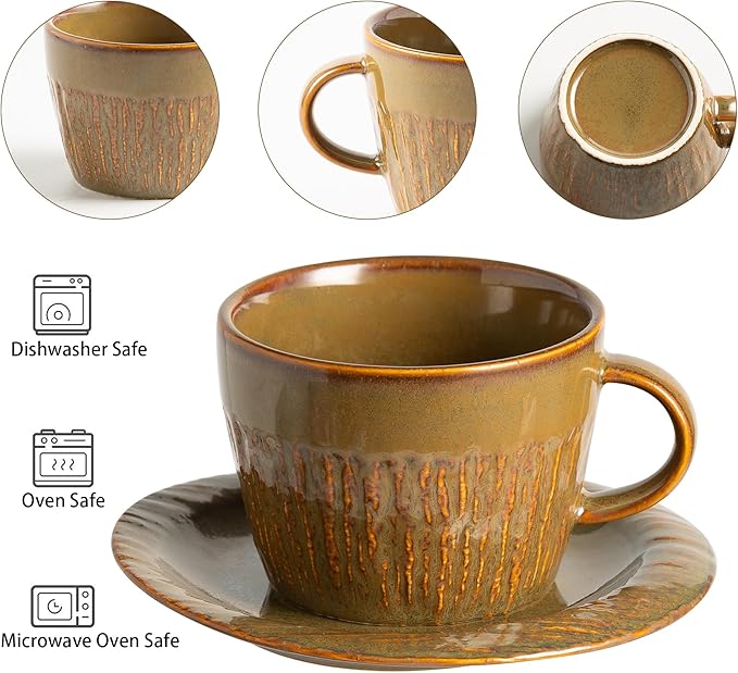 Ceramic Latte Cup with Saucer, 7 oz, Coffee Mug, Espresso Cups for Cappuccino, Milk Tea and Mocha, Dishwasher and Microwave Safe (brown)