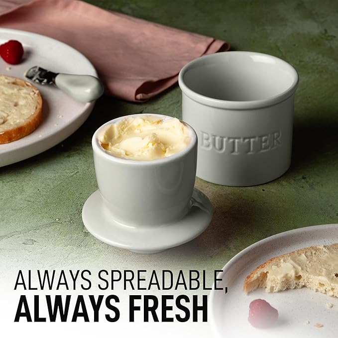 Zulay Kitchen Bell Shaped Butter Crock with Lid for Countertop with Water Line & Spreader Knife, Ceramic French Butter Dish Keeper For Fresh, Soft & Spreadable Butter - Light Gray