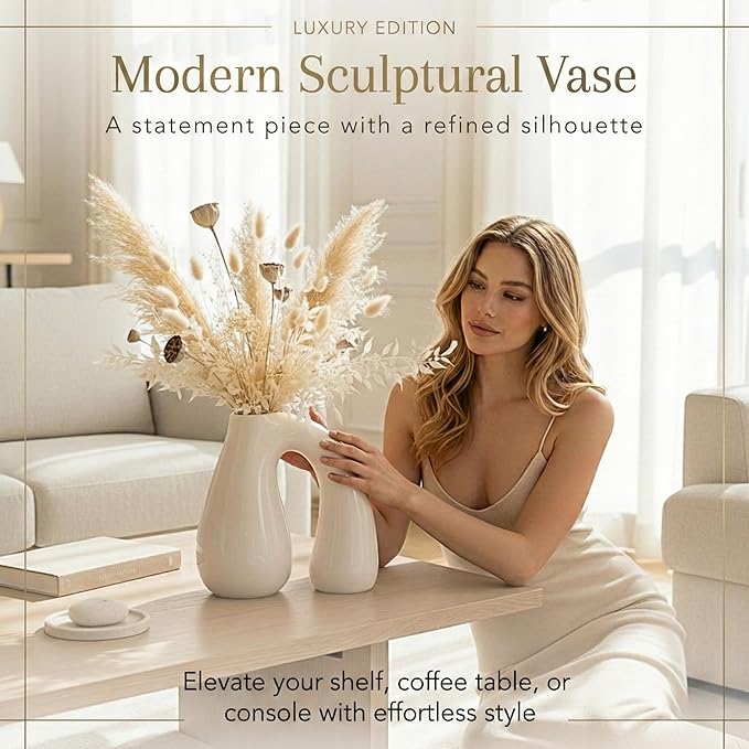 Cream White Ceramic Decorative Pitcher Vase, 7.5 in – Glossy Sculptural Arch-Handle, Modern Home Décor Accent for Fresh or Dried Floral Arrangements, Table/Shelf/Entryway, Giftable