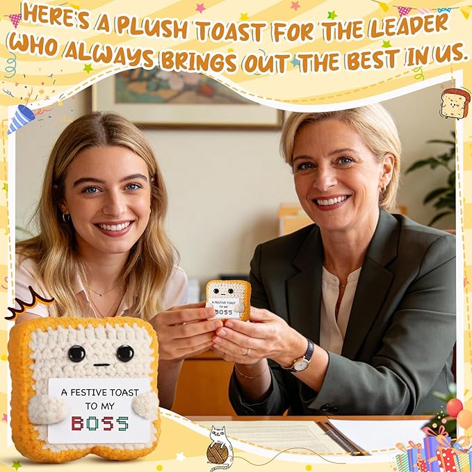 Gifts for Boss “A Festive Toast to My Boss” Handmade Crochet Toast Plush, Funny Thank You Appreciation Gift for Women Men Boss, Coworker, Manager, Supervisor, Leader – Office Christmas Decor Gift