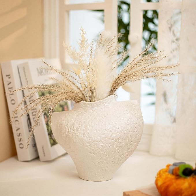 White Ceramic Vase, Modern Farmhouse Style for Table, Kitchen, Bookshelf, Entryway, Counter, Vanity Decor, Stone Textured Small Artistic Handmade Vase for Pampas Grass, Flowers