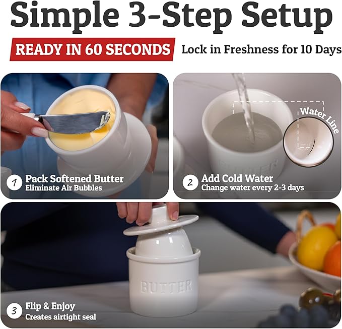 Priority Chef Butter Crock with Lid with Water Line, Ceramic French Butter Dish to Leave On Counter, White