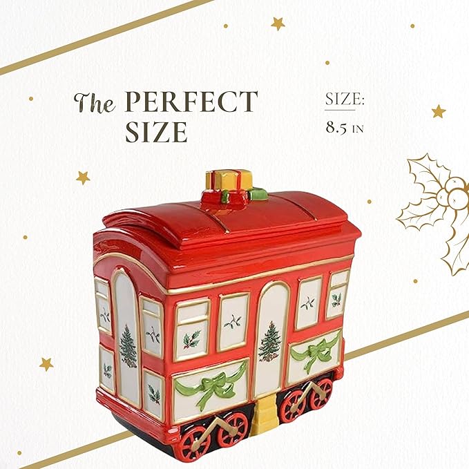 Spode Christmas Tree Cookie Jar with Lid, 8.5" Ceramic Holiday Train Car Dish for Cookies, Candy, Nuts - Festive Christmas Home Decor & Holiday Treats Jar - Great for Collectors