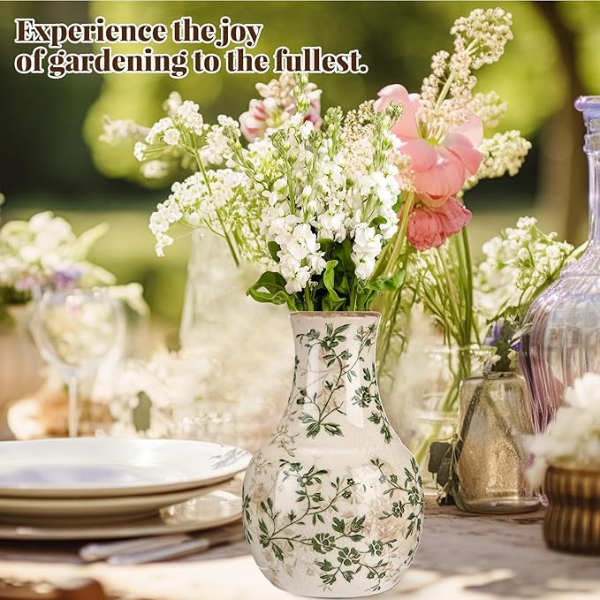 LemonRoad Vintage Ceramic Flower Vase 5.7 Inch Chinoiserie Ice Cracked Glaze Porcelain Vase Rustic Ceramic Large Centerpieces for Home Table Living Room Bookshelf Office(Floral Style)
