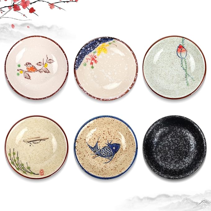 4 Inch 6 Pieces Japanese Retro Sauce Dishes Japanese Ceramic Side Bowl Sauce Dishes Asian Chinese Side Dishes Dishes for Sushi Sauce Snack Pinch