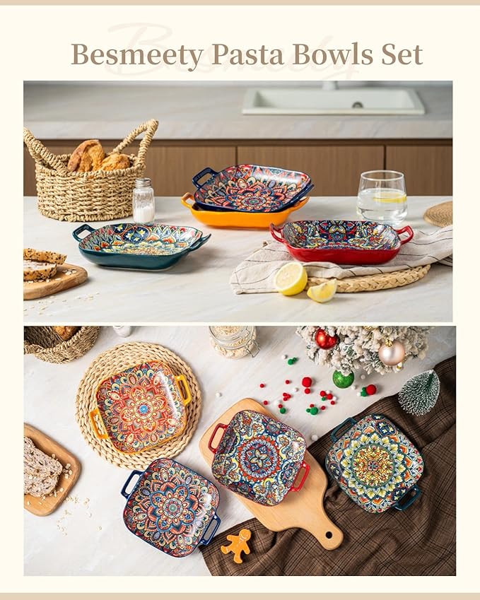 Besmeety Square Pasta Bowls with Handle, Boho Salad Serving Bowls Set of 2, Ceramic 7.09" Pasta Plates for Housewarming Present, Party (Green+Red)