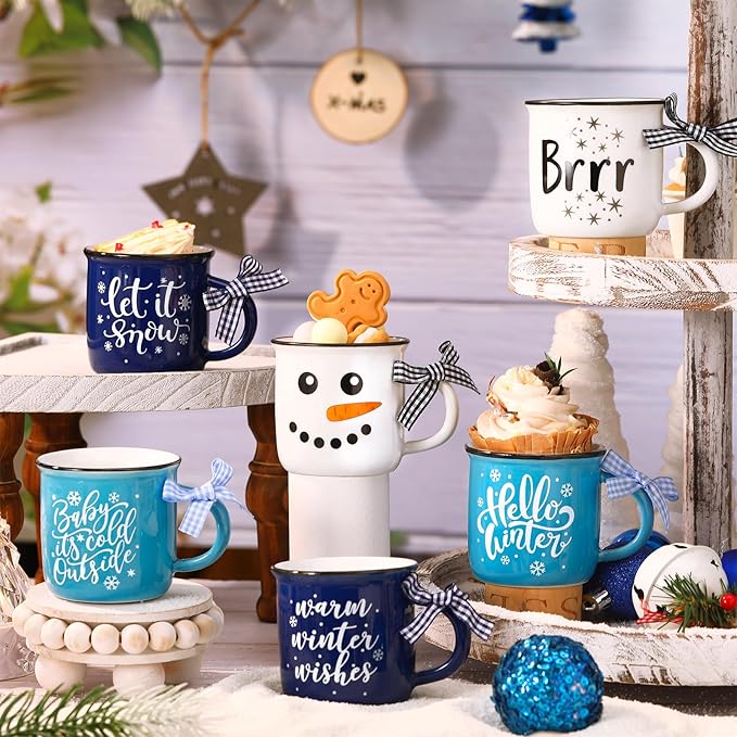 Hello Winter Snowman Mini Coffee Mugs Set of 6 Let It Snow Snowflake Mini Cups Tiered Tray Decor for Xmas Winter Holiday Kitchen Coffee Bar Decorations Housewarming Gift
