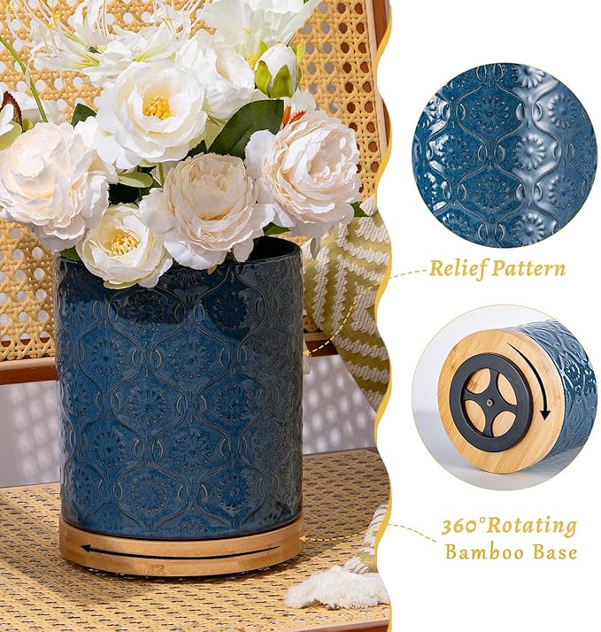 TEATALK Ceramic Utensil Holder Set, 360° Rotating Organizer for Countertop, Farmhouse Vintage Style, Large and Small Crocks in Dark Blue，7.7"+5.7"