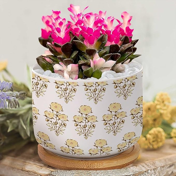 1 Piece Ceramics Pots for Plants Yellow Flower Small Succulents Plant Pot Watercolor Chinoiserie Floral Planter for Succulents Chinoiserie Plant Pot with Drainage and Bamboo Tray