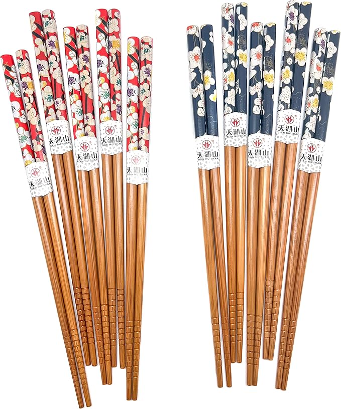 10 Pairs Reusable Bamboo Chopsticks, Spring Blooming Sakura Pattern Natural Bamboo Wood Chopsticks, 8.8Inch/22.5cm Polybag packing by LANHUTHS