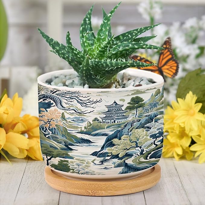 Trend Dragon and Print Ceramic Planter Chinoiserie Asian Inspired Snake Plant Live Indoor with Pot with Drainage Holes and Saucers Pot for Home Desktop Office Windowsill
