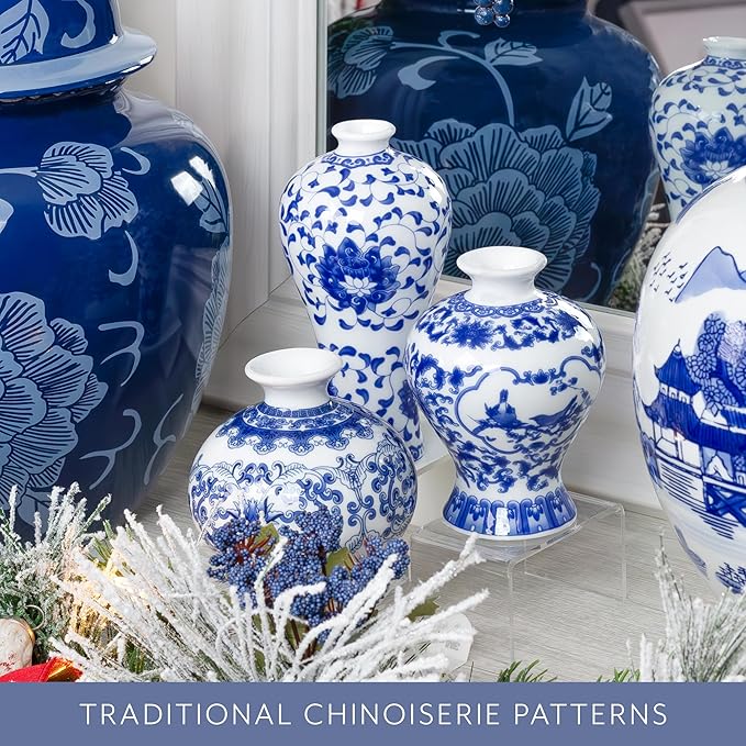 AuldHome Blue and White Porcelain Vases Set of 3, Mini Decorative Bud Vases for Farmhouse, Cottagecore, and Vintage Decor