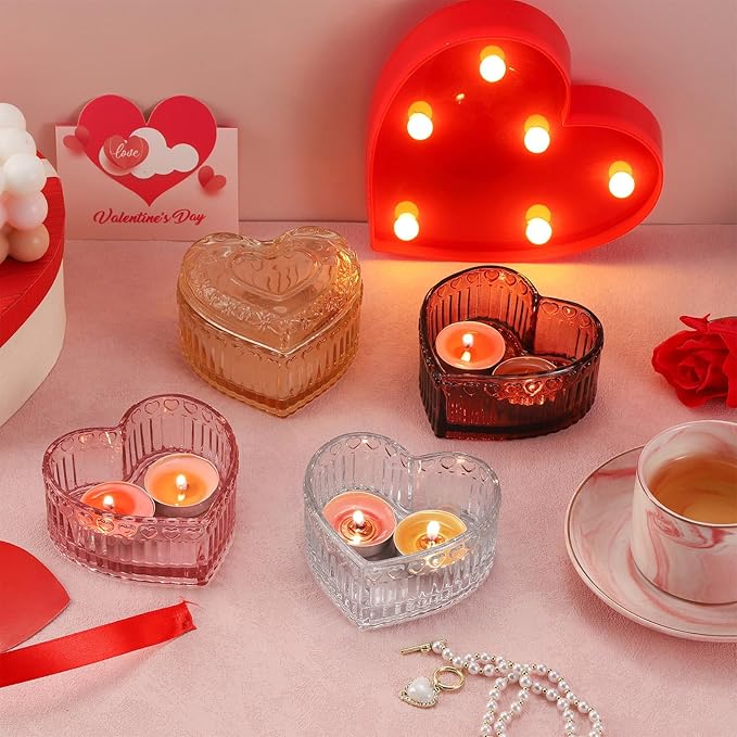 WHJY Glass Jewelry Box for Girls Heart Shaped Container with Lids Small Decorative Trinket Organizer for Vanity Room Decor Crystal Pink Storage Jar for Rings Earrings Necklaces