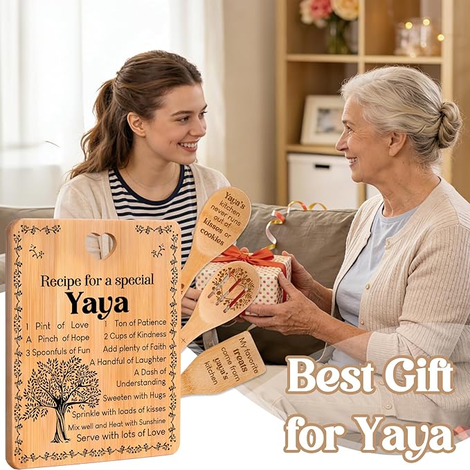 Yaya Gifts - "Recipe for a Special Yaya" Yaya Gifts for Grandma Cutting Board Set, Bamboo-Made Engraved Utensil Set Gifts for Yaya Cutting Board, Best Yaya Ever Gifts.