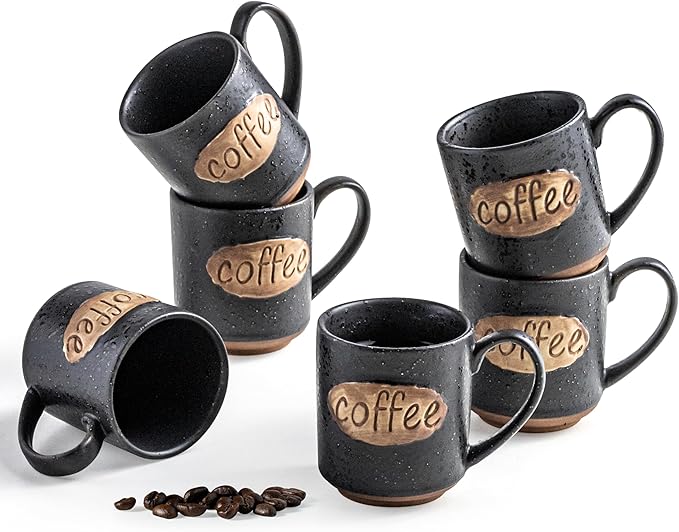 LYEOBOH Coffee Cups, Espresso Cups, Tea Cup, Coffee Mugs Set of 6, 3 oz Ceramic Espresso Cups, Cute Mini Demitasse Cups with Handle for Bar & Home Microwave & Dishwasher Safe, Black