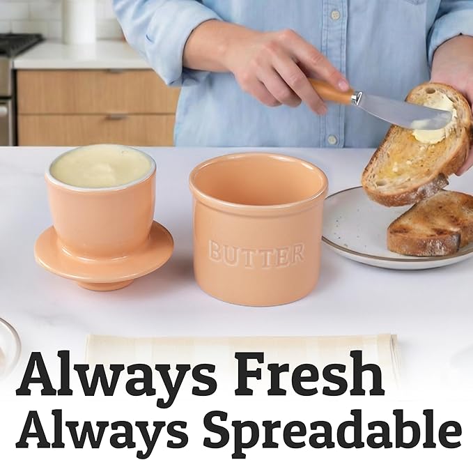 PriorityChef Butter Crock with Lid with Water Line, Ceramic French Butter Dish to Leave On Counter, Peach