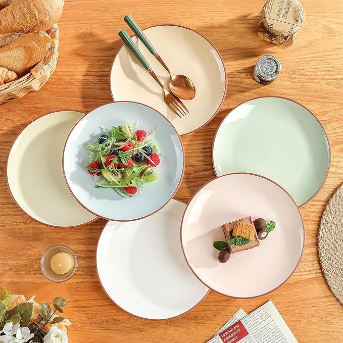 Dessert Plate Set of 6-8 Inch Colorful Ceramic Plates for Appetizer, Salad, Lunch - Modern Serving Dishes - Microwave, Oven and Dishwasher Safe - Assorted Candy Hue