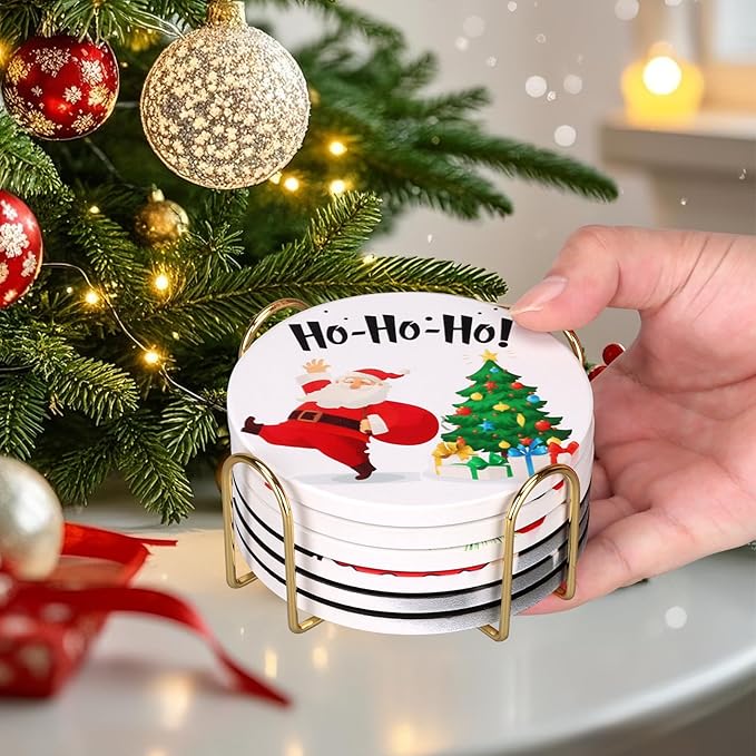 Christmas Coasters Set of 6 Cute Ceramic Coasters with Holder Funny Absorbent Coaster Set Coffee Table Decor Gift for Drinks Home Office Party Desk Table Bar Xmas Holiday Decorative Cup Coaster