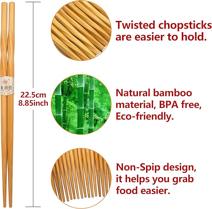 10 Pairs Bamboo Chopsticks Reusable, Twisted chopsticks Natural Wooden Chopsticks, 9.06 Inch/23cm Dishwasher Safe Lightweight by LANHUTHS