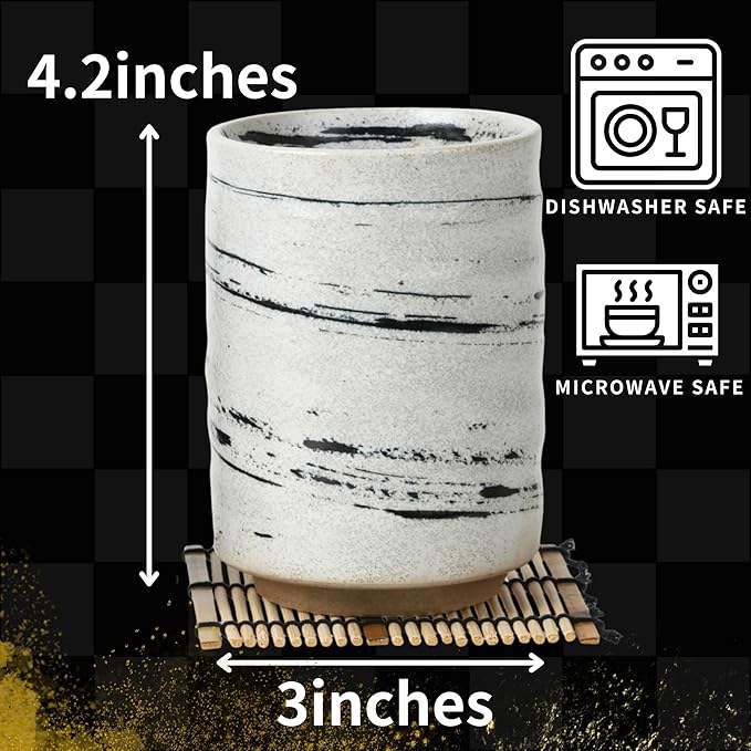 Japanese Tea Cups Sushi-Yunomi Mino Ware With Bamboo Coaster (Set of 2) (Black White)