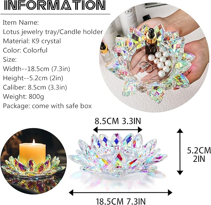 Large Crystal Lotus 7'' Width Candle Holder Tealight Pillar Candle Plate Candlestick, Glass Votive Candle Holder for Christmas Wedding Dinner Table Decor