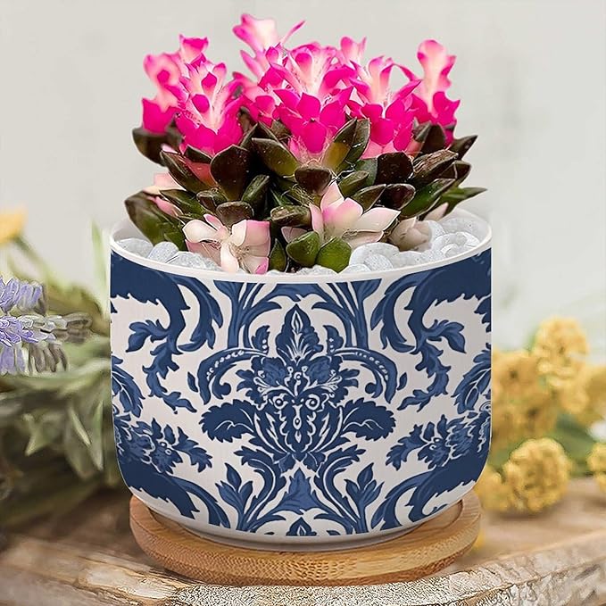 Blue Regalia Lion Small Ceramics Pots for Plants Set of 5 Indigo Blue Flower Lion Asian Ceramics Planter with Drainage and Bamboo Tray Chinoiserie Asian Garden Decor Succulent Pot