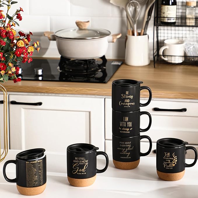 12 Set Christian Mugs Mothers Day Gifts Bulk Ceramic Coffee Cups with Bible Verses Religious Gifts for Church Office Women Men Employee Coworker Appreciation Mugs, 15 oz (Black)
