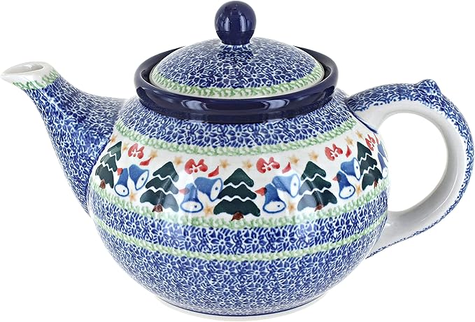 Blue Rose Polish Pottery - Blue Winter Bells Medium Teapot - 4 Cup Capacity - Polish Pottery Holiday Teapot, Festive Design for Coffee & Tea Service