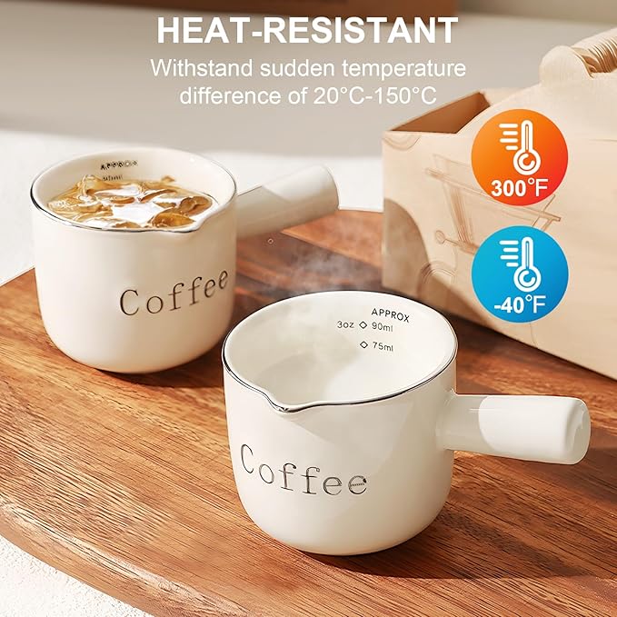 PARACITY Espresso Cups Ceramic with Handle, Measuring Cup with Dual Scale, Espresso Shot Glass with V-Shaped Mouth, 3 OZ Espresso Accessories