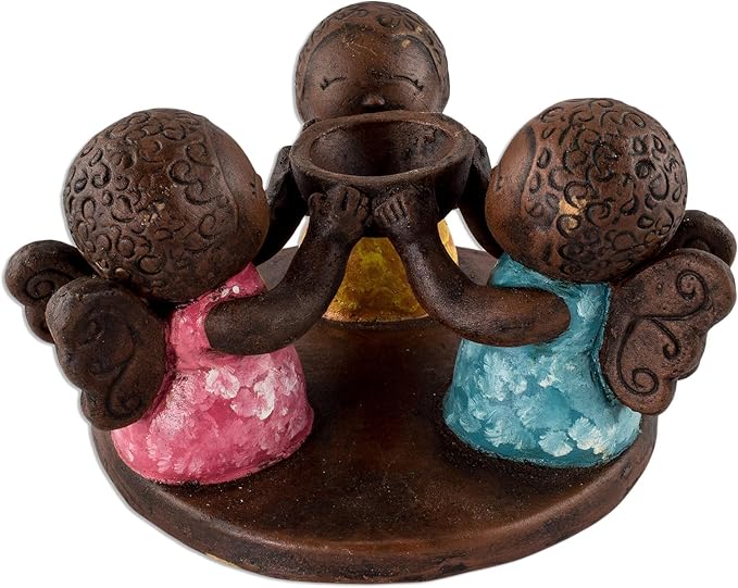 NOVICA Artisan Handmade Ceramic Tealight Candleholder Salvadoran Angel Multicolor Lamps Lighting Holders Natural Materials Painted [4.3in H x 7in W x 7in D] ' Angel Trio'