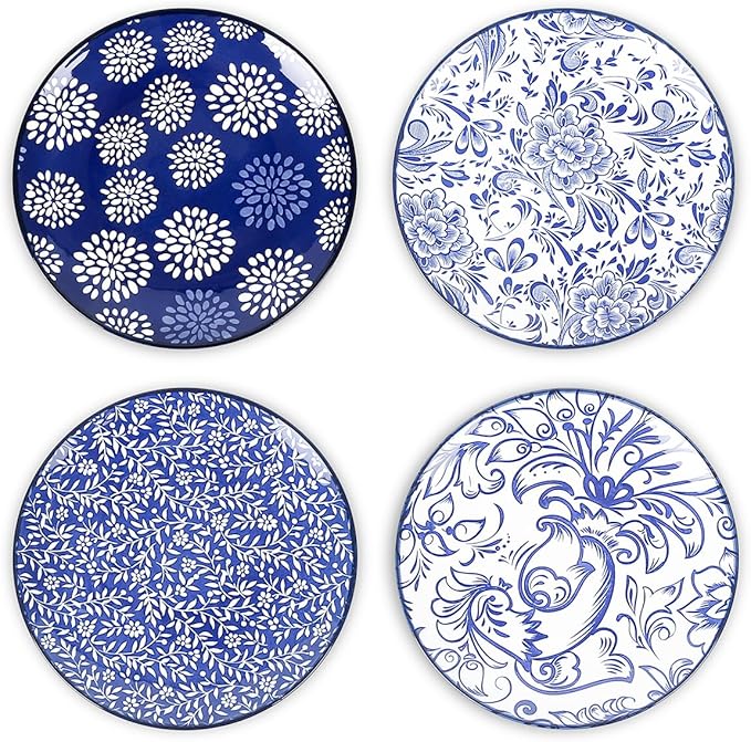 Selamica Dessert Plates Ceramic, 6 Inch Embossed Small Plates for Appetizer, Cake, Snacks, Microwave Dishwasher Safe, Set of 4, Blue