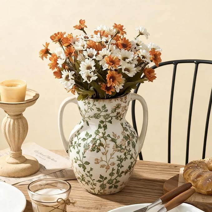 Emotionally Grounded Vase, Vaseking Large Ceramic Rustic Vase with 2 Handles, 8.3 inch Green and Beige Decorative Farmhouse Tall Vases for Home Decor, Living Room, Enterway, Table Decoration