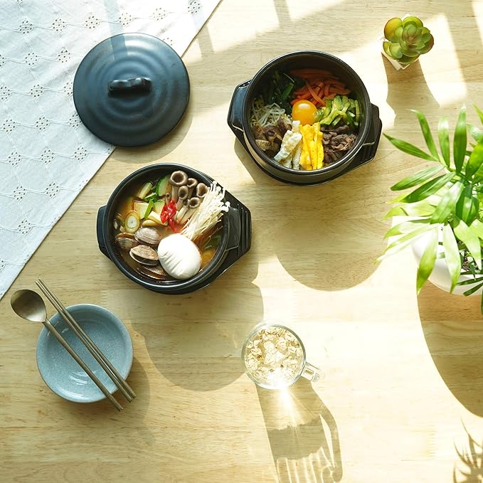 Korean Stone pot with Lid & Platter, Clay Pot for Cooking Hot Pot Dolsot Bibimbap and Soup Cookware