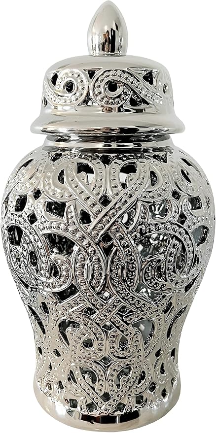 Noori Home - 100% Modern Glam Artisan Ceramic PARKER Small Silver Ginger Jar Urns with Lid 7x7x14