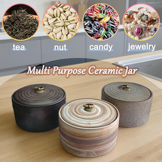 20.29 Oz Sealed Ceramic Jar with Flat Lid, Colored Ceramic Canister, Vintage Stoneware Food Storage Jar for Flour Spices Candy Nuts, Home Decor (White Brown)