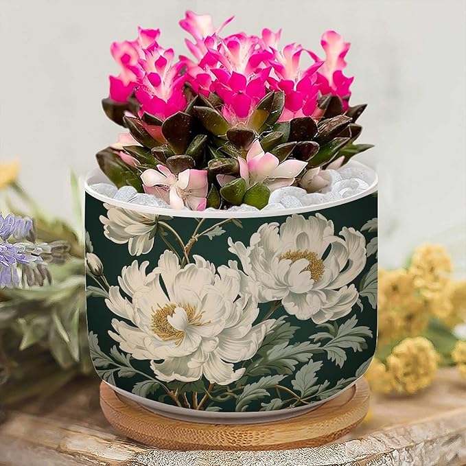 2 Piece Ceramics Planter Egg Green and White Floral Small Planters for Succulents White Chinoiserie Flower Planter for Succulents Chinoiserie Plant Pot with Drainage and Bamboo Tray