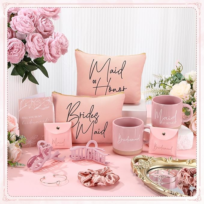 42 Pcs 6 Sets Wedding Favors Bridesmaid Proposal Gifts Maid of Honor Ceramic Coffee Cups Cosmetic Makeup Bags Invited Cards Scrunchies Knotted Bracelets Jewelry Bags Hair Claw Clips(Pink)