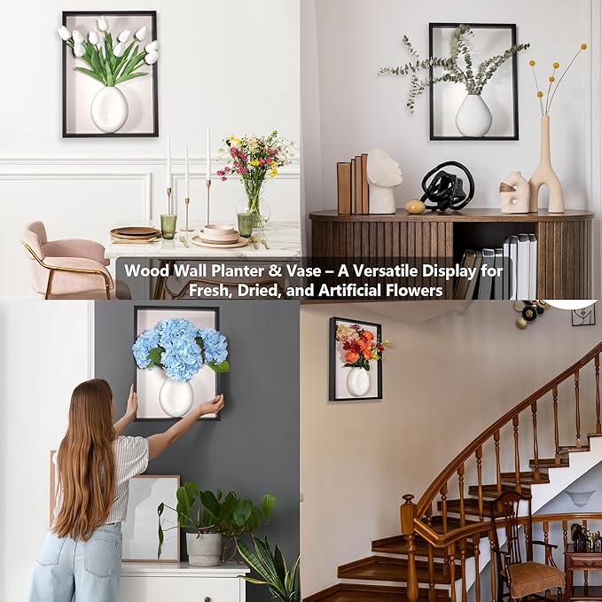 yimido 3D Wall Art Vase with Ceramic Planter, Wooden Framed Wall Decor for Flowers & Decorative Plants, Hanging Wall Vase with Faux Tulips, Modern Black Picture Frame for Living Room Bedroom