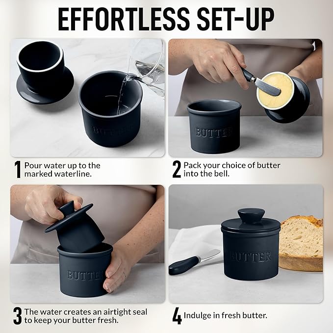 Zulay Kitchen Bell Shaped Butter Crock with Lid for Countertop with Water Line & Spreader Knife, Ceramic French Butter Dish Keeper For Fresh, Soft & Spreadable Butter - Midnight Blue