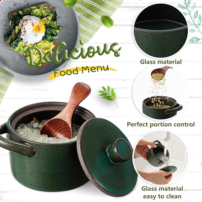 Honeydak Speckled Ceramic Salt Cellar with Lid and Wooden Spoon, Rustic Farmhouse Salt Pepper Cellar Holder for Valentines Day,Housewarming Gift, Heavyweight Spices Jar(Green,1 Set)