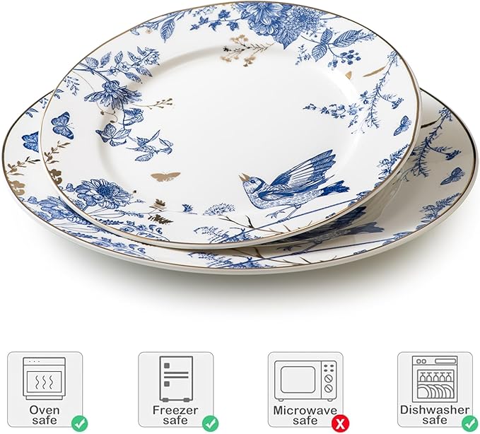 Porcelain Dinner Plates 4 Pieces, Floral Plates 8 Inch & 10 Inch Ceramic Dessert Plate Blue and White Floral Dinnerware Set Salad Plate Set for Kitchen Dishes for Appetizer, Salad, Steak, Pancakes