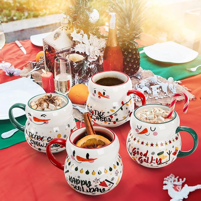 4 Pack Christmas Mugs Set, 15oz Ceramic Snowman Coffee Cup, Stackable Holiday Xmas Tea Mug for Hot Cocoa Cold Water Milk, Housewarming Gift Home Decor, Dishwasher Microwave Safe(4 Styles)